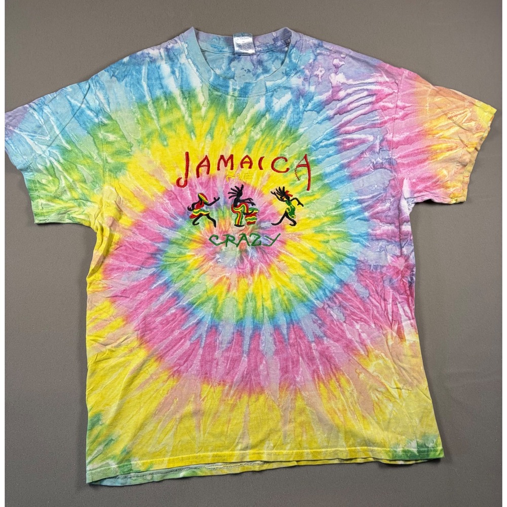 Colortone Jamaica Me Crazy Tie Dye T-Shirt Mens Large Embroidered Spiral Rasta